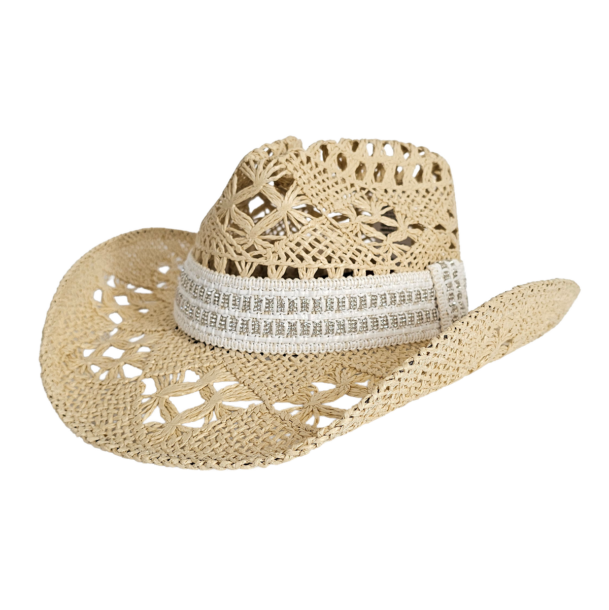 The Montecito Coastal Sparkling Hat: natural openwork western hat with sparkling hatband, side view.