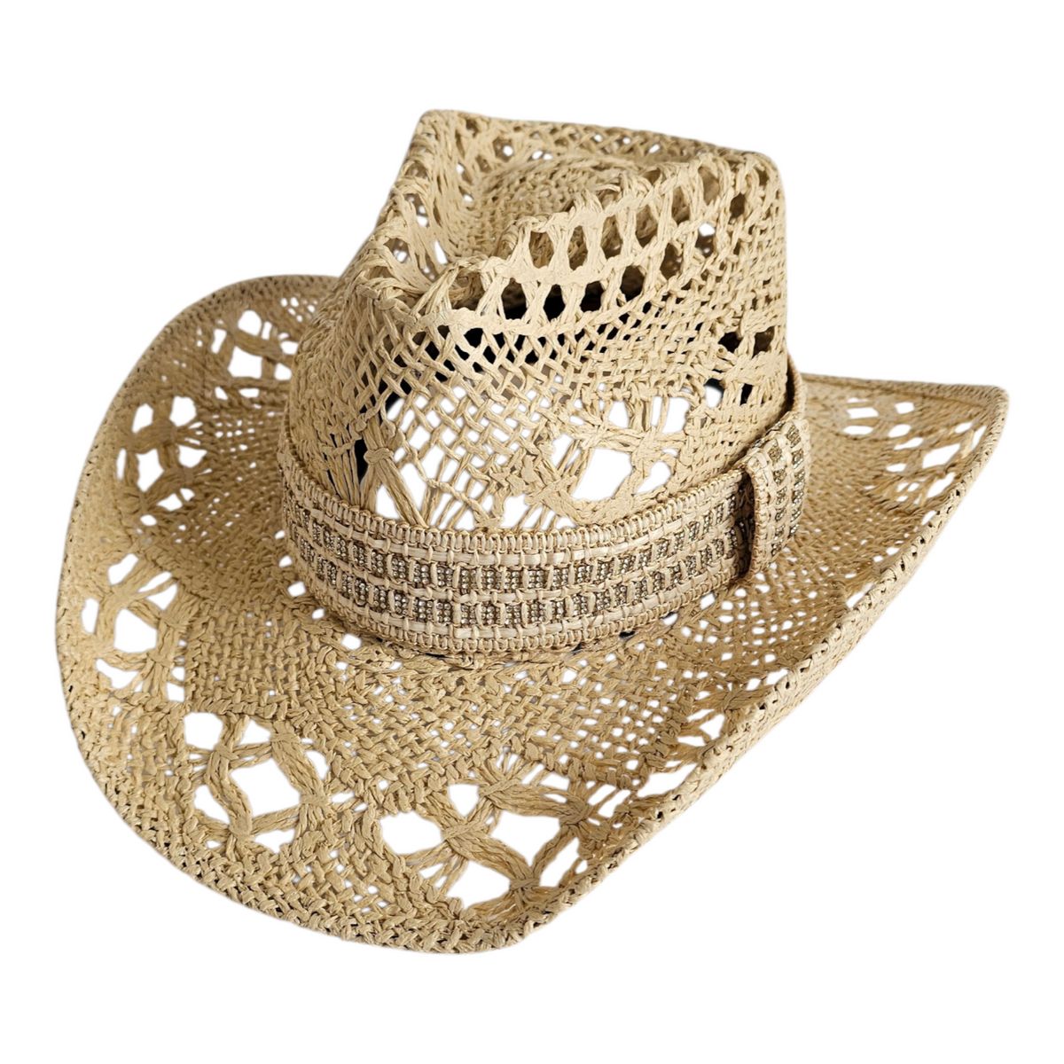 The Montecito Coastal Western Hat: woven western hat with openwork crown and embellished hatband.