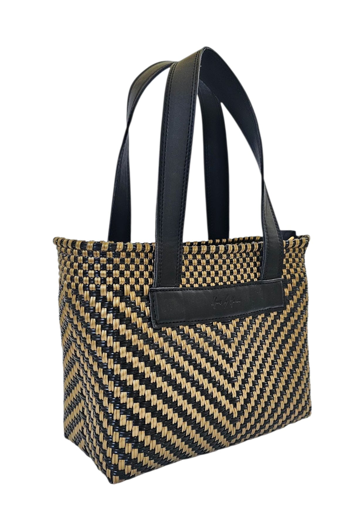 The Riviera Crossbody Tote – Black Gold — handwoven recycled-plastic convertible crossbody tote by Mavis by Herrera