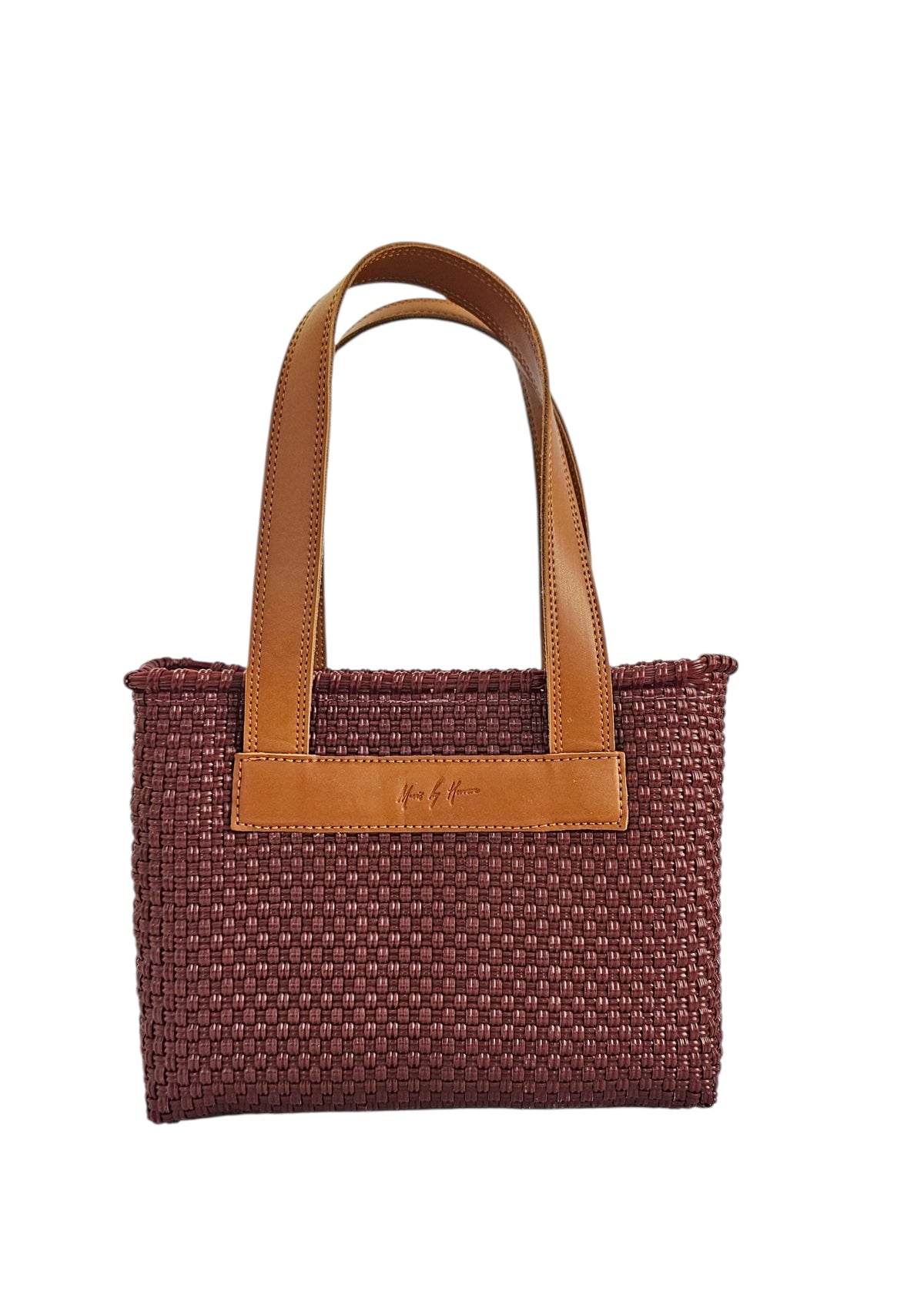 The Riviera Crossbody Tote – Burgundy — handwoven recycled-plastic convertible crossbody tote by Mavis by Herrera