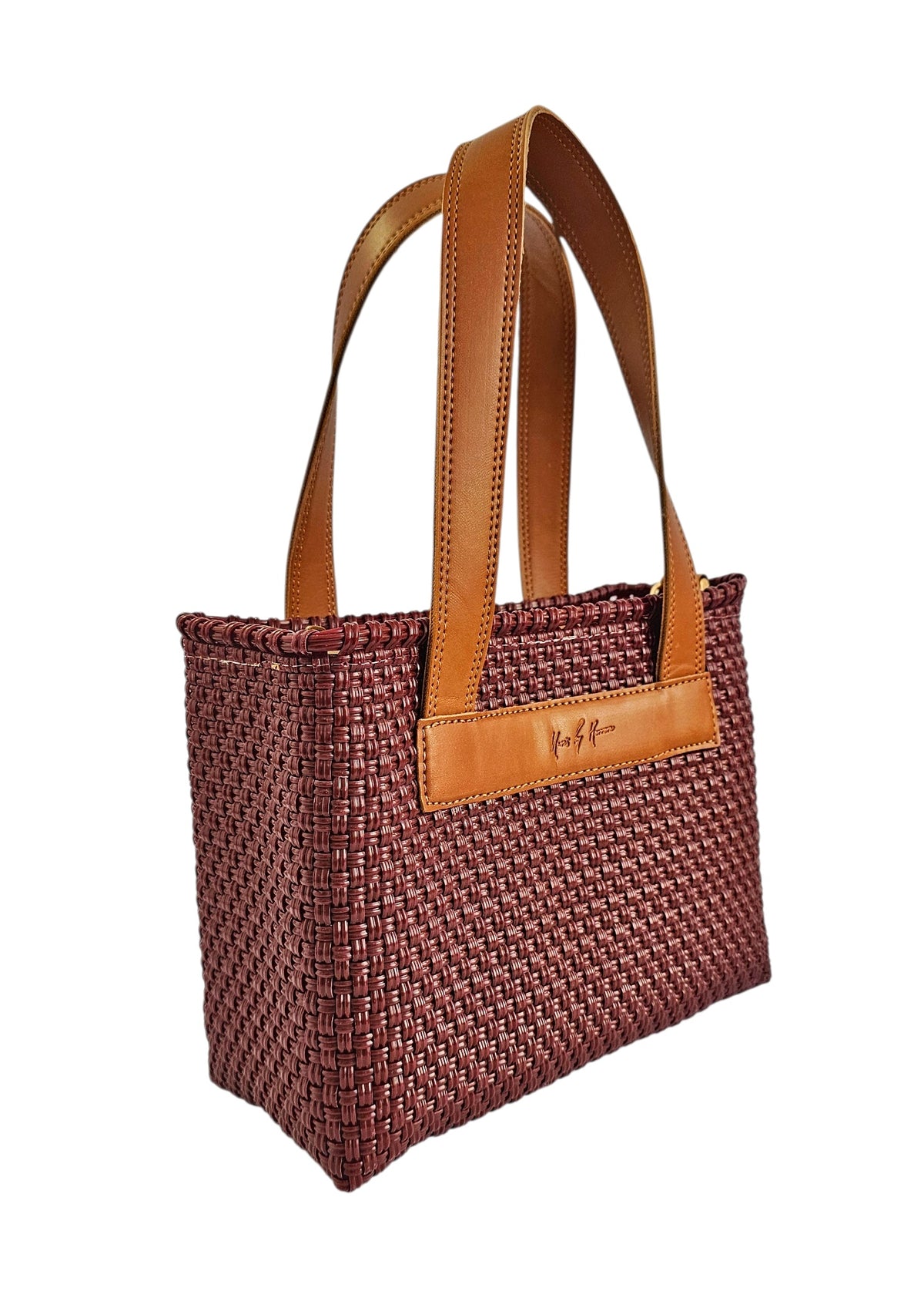 The Riviera Crossbody Tote – Burgundy — handwoven recycled-plastic convertible crossbody tote by Mavis by Herrera