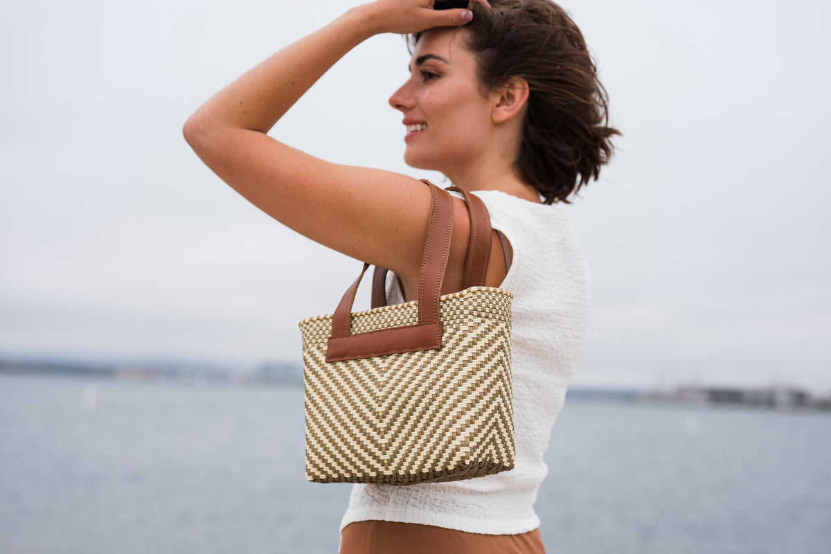 The Riviera Crossbody Tote – Ivory Luxe — handwoven recycled-plastic convertible crossbody tote by Mavis by Herrera