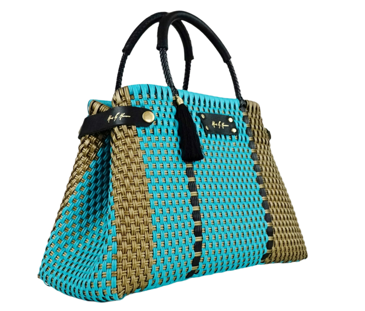 Less Pollution Convertible Handbag to Tote – Aruba — handwoven recycled-plastic convertible handbag and tote by Mavis by Herrera