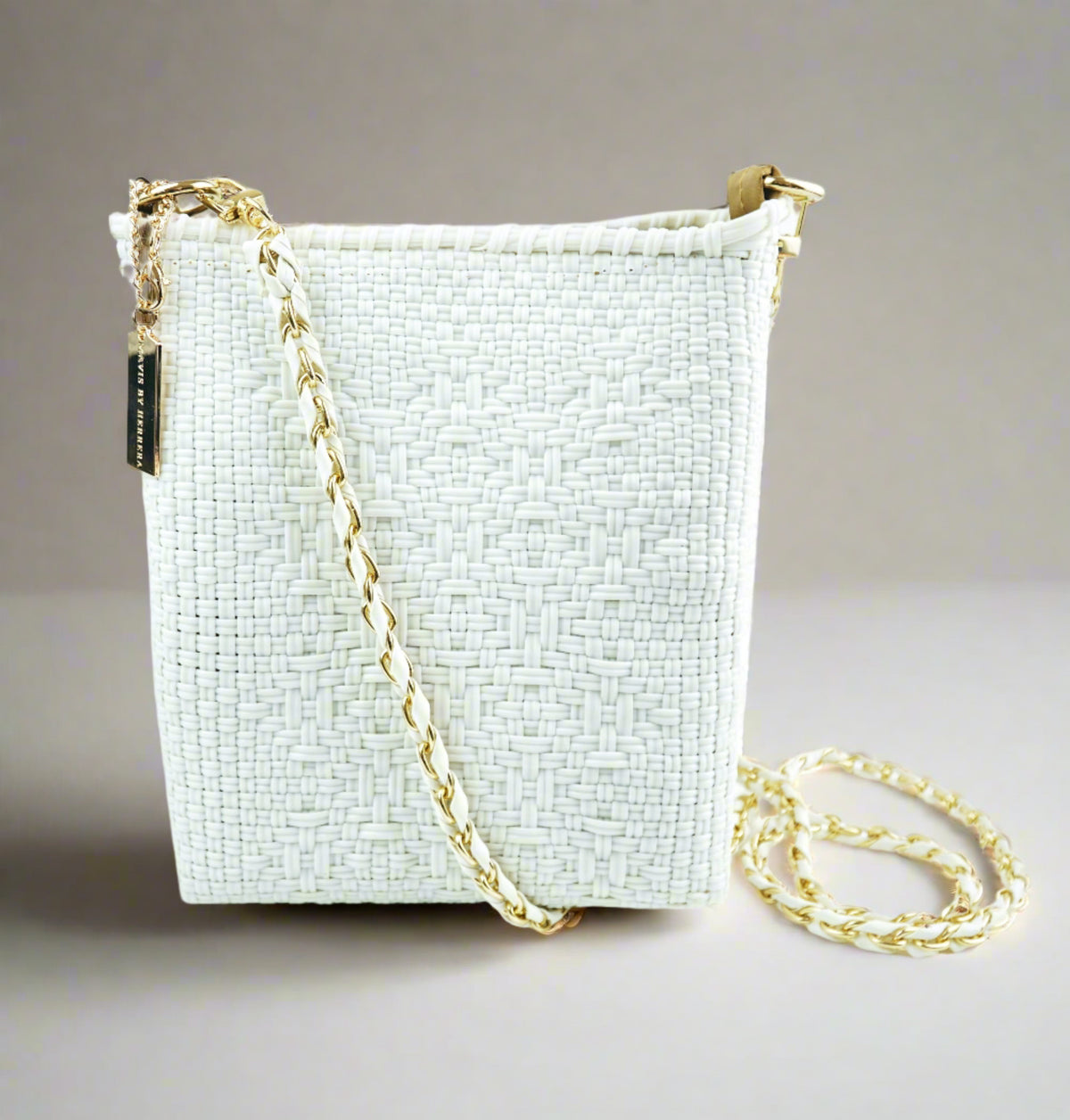 Milano Slim Crossbody Bag – White Pearl — handwoven recycled-plastic crossbody bag by Mavis by Herrera
