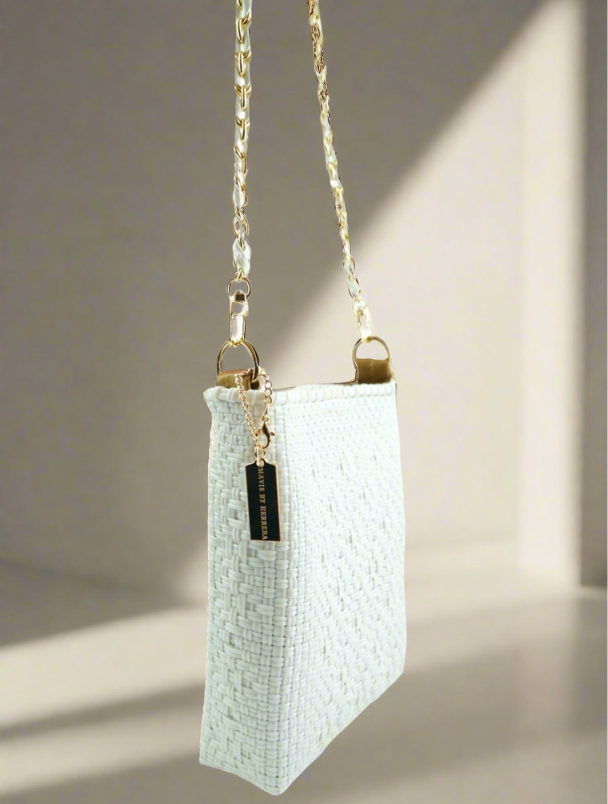 Milano Slim Crossbody Bag – White Pearl — handwoven recycled-plastic crossbody bag by Mavis by Herrera