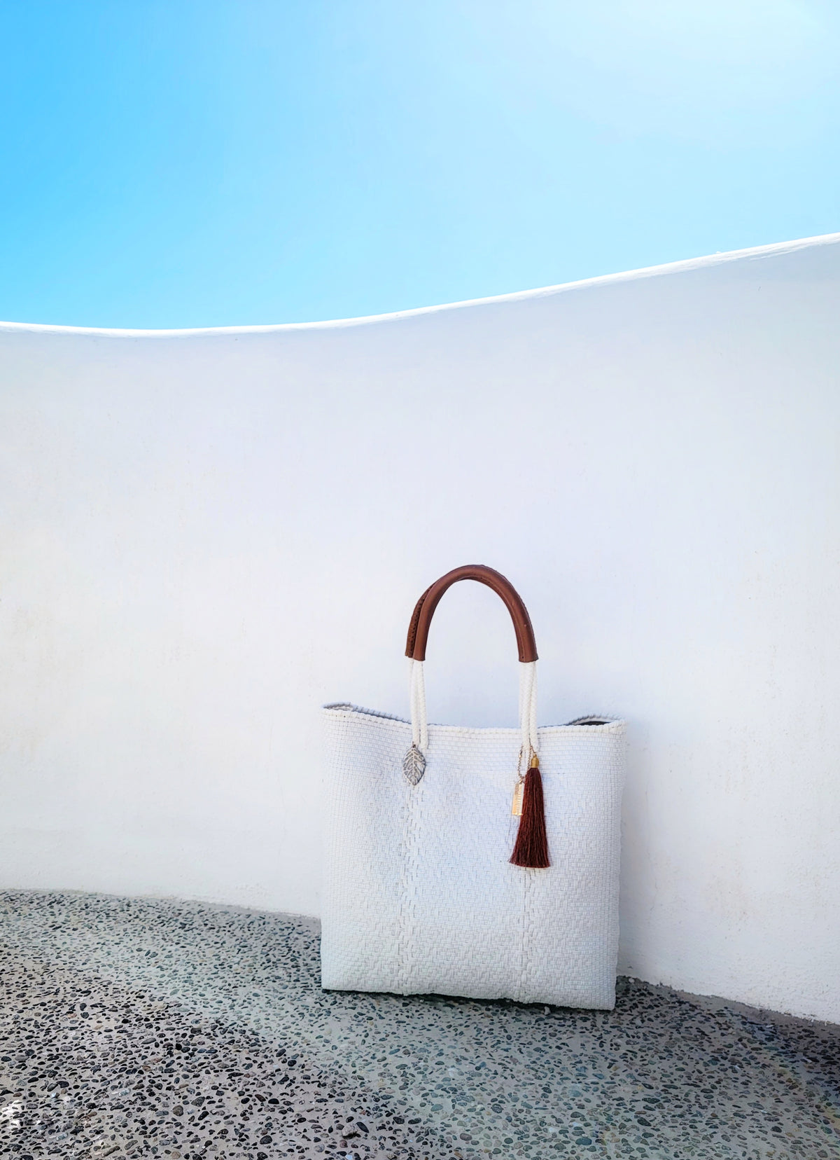 White Pearl Resort Tote Bag — handwoven recycled-plastic resort tote by Mavis by Herrera